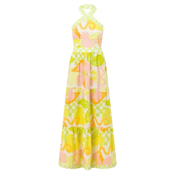 SABO True Dress Checker Floral Print Bright Yellow Linen Cotton Maxi Dress - Picture 4 of 16